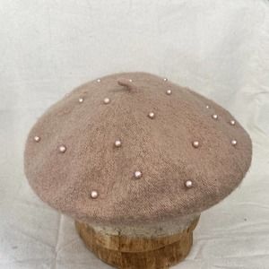 Marcus Adler Wool Pearl Beaded Beret Cream Brown